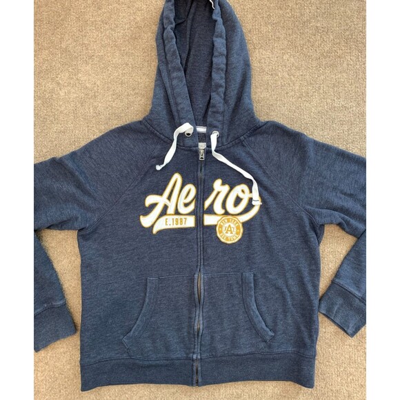 Vintage Aeropostale Hoodie Womens L Spell-Out Brushed Fleece Zip-Up Aero Crest - Picture 1 of 10
